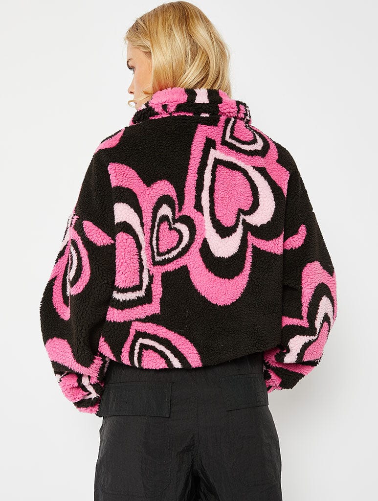 Zip Through Heart Borg In Pink And Black Coats & Jackets Skinnydip London