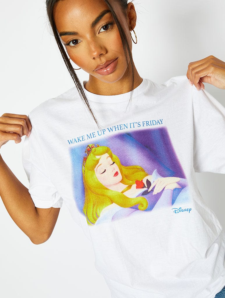 Disney x Skinnydip Sleeping Beauty Wake Me Up T-Shirt in White Tops & T-Shirts Skinnydip London