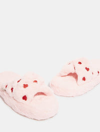 Pink Fluffy Heart Cross Over Slippers Footwear Skinnydip