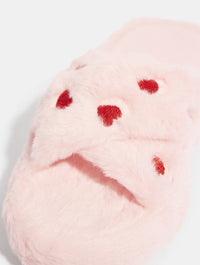 Pink Fluffy Heart Cross Over Slippers Footwear Skinnydip