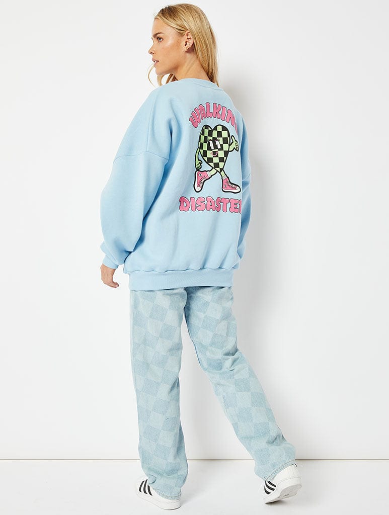 Walking Disaster Graphic Oversized Sweatshirt In Blue Hoodies & Sweatshirts Skinnydip London